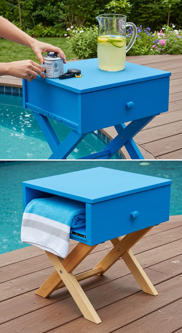 Mesa auxiliar azul vibrante hecha con un cajón sobre una base de madera plegable, junto a una piscina