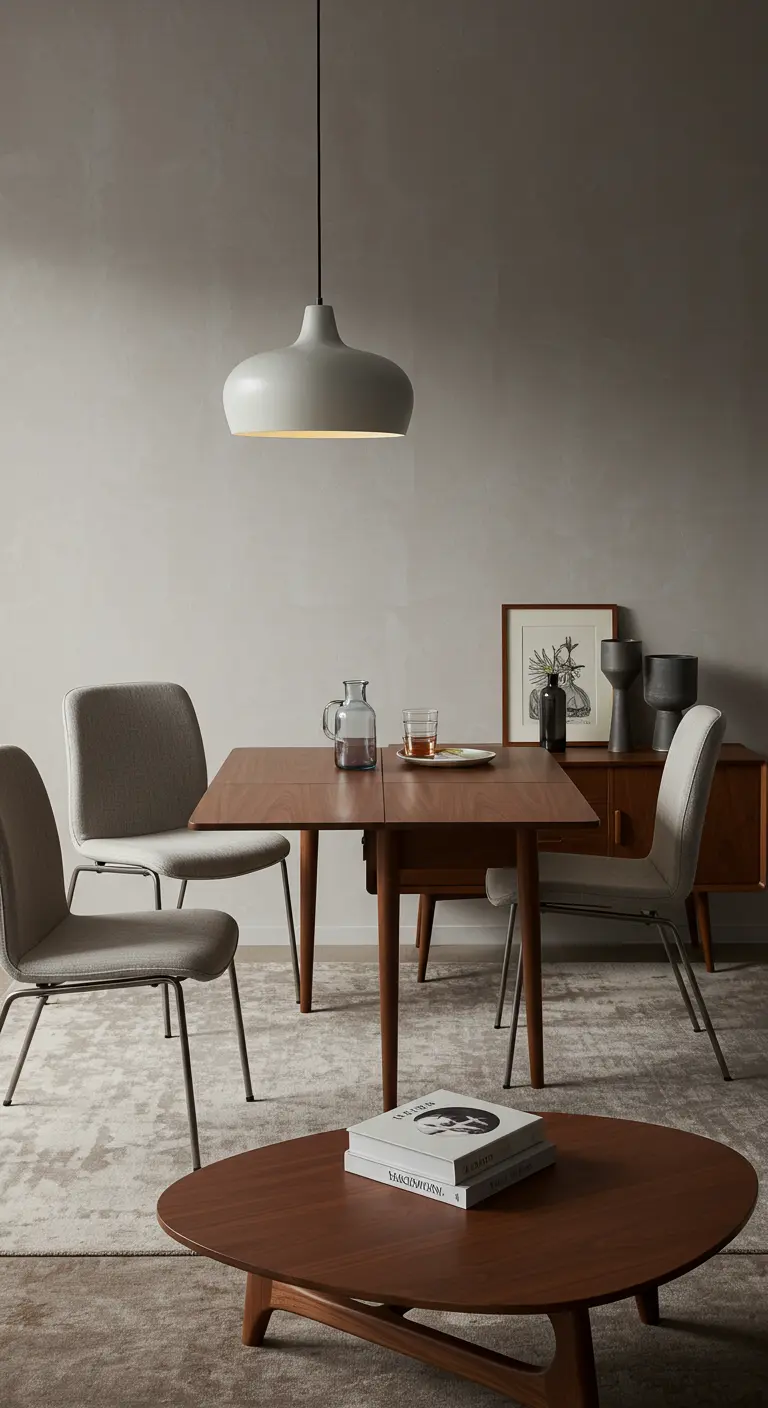 Mesa de comedor de madera extensible en un comedor de estilo moderno y minimalista con sillas grises.