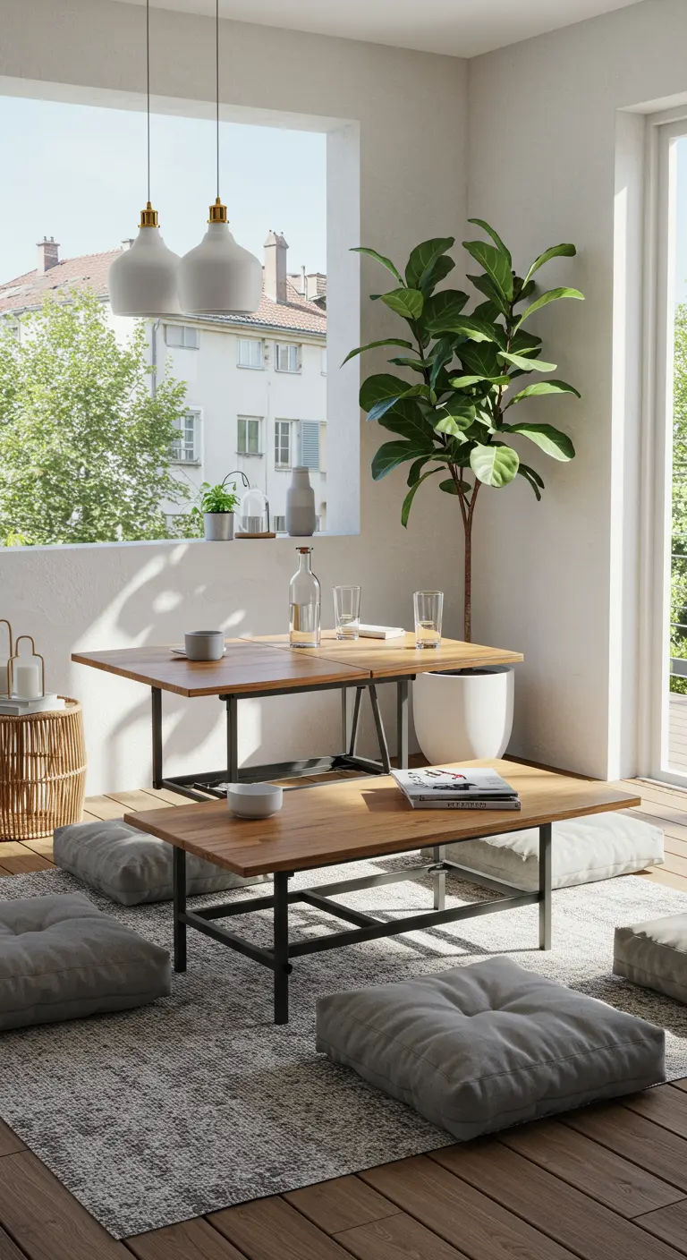 Mesa de centro de madera convertible en mesa de comedor en una terraza luminosa con cojines en el suelo.