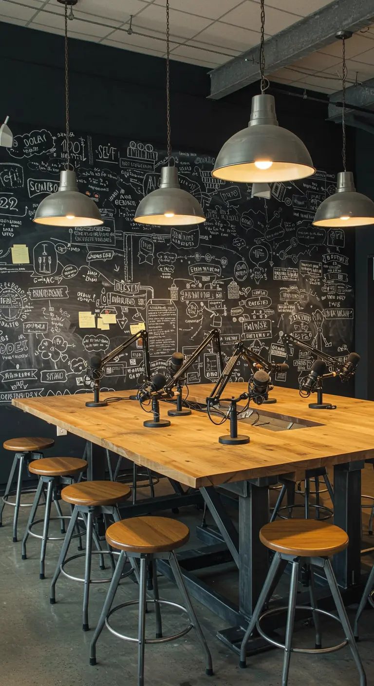 Estudio de podcast colaborativo con una pared de pizarra, mesa grande de madera y lámparas industriales.