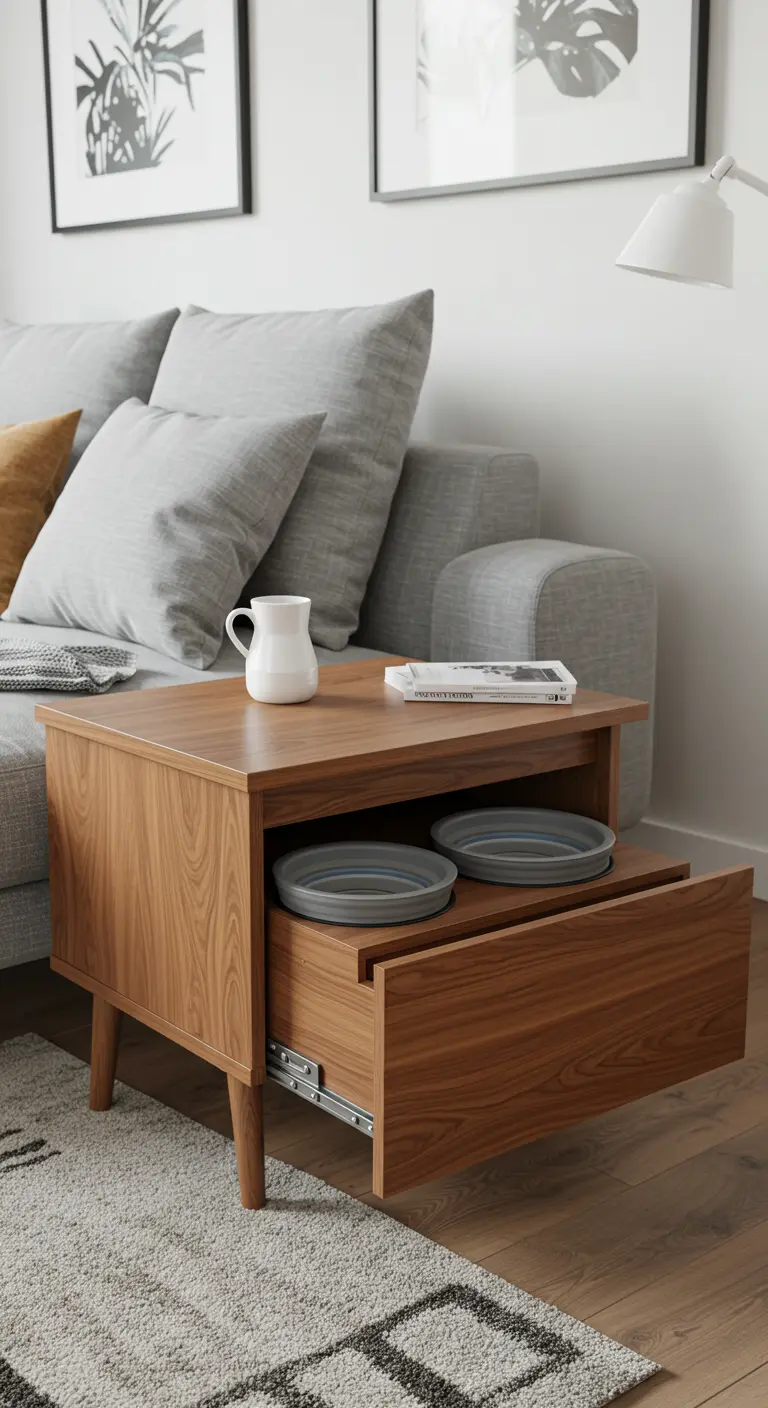 Mesa auxiliar de madera junto a un sofá con un cajón extraíble que contiene cuencos.