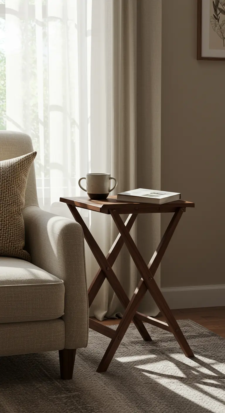 Taburete de madera plegable usado como mesa auxiliar junto a un sofá.