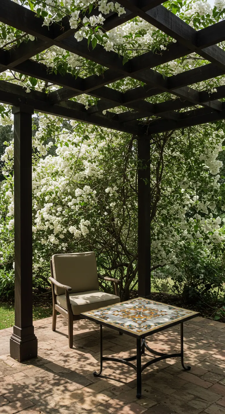 Rincón de descanso bajo una pérgola cubierta de flores blancas, con una mesa auxiliar de mosaico.