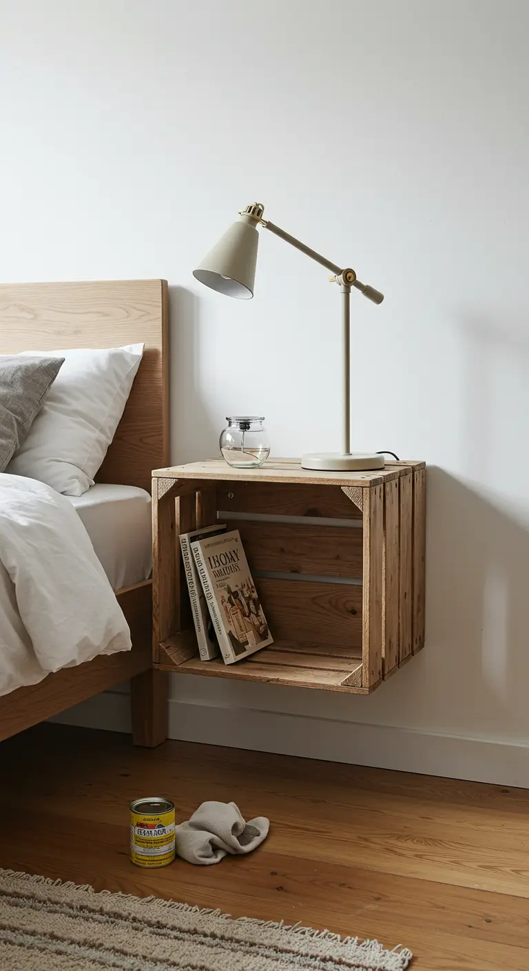 Una única caja de madera montada en la pared junto a una cama, funcionando como mesita de noche.
