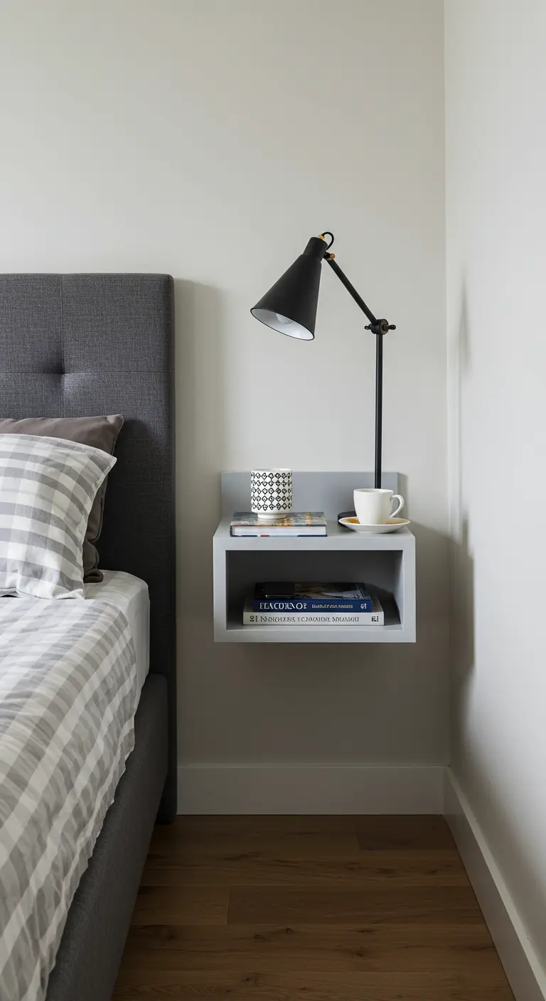 Repisa flotante gris utilizada como mesita de noche junto a una cama con cabecero gris.