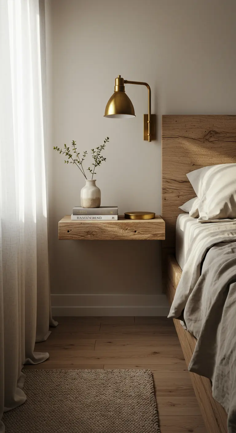 Estantería flotante de madera rústica usada como mesita de noche con lámpara de pared dorada.
