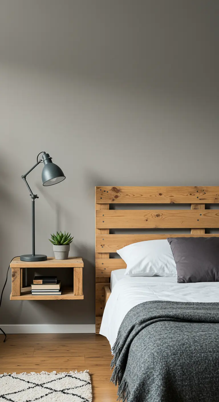 Mesita de noche flotante hecha con una sección de palet, con una lámpara y una planta encima.