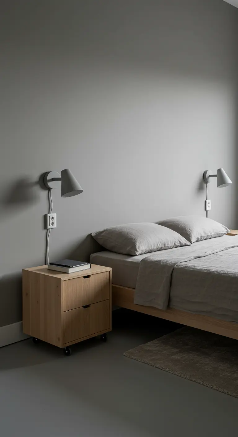 Mesita de noche de madera clara con ruedas en un dormitorio de tonos grises.