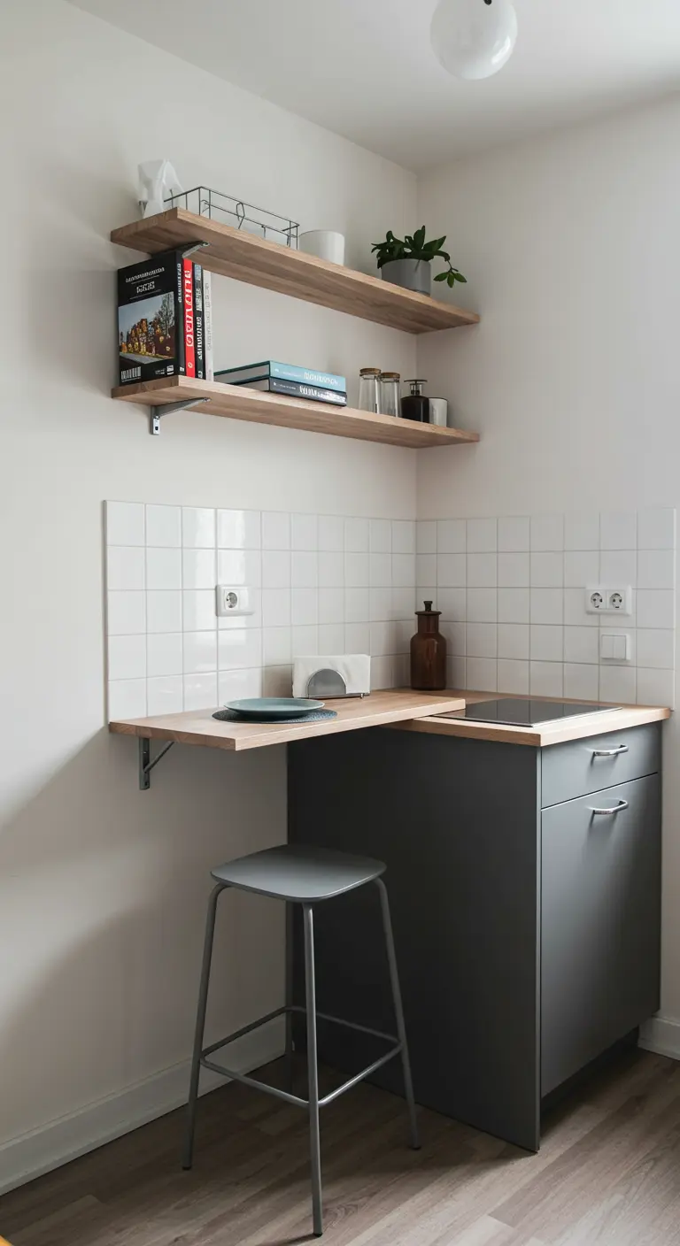 Pequeña cocina con una balda de madera que funciona como barra de desayuno y estantes superiores.