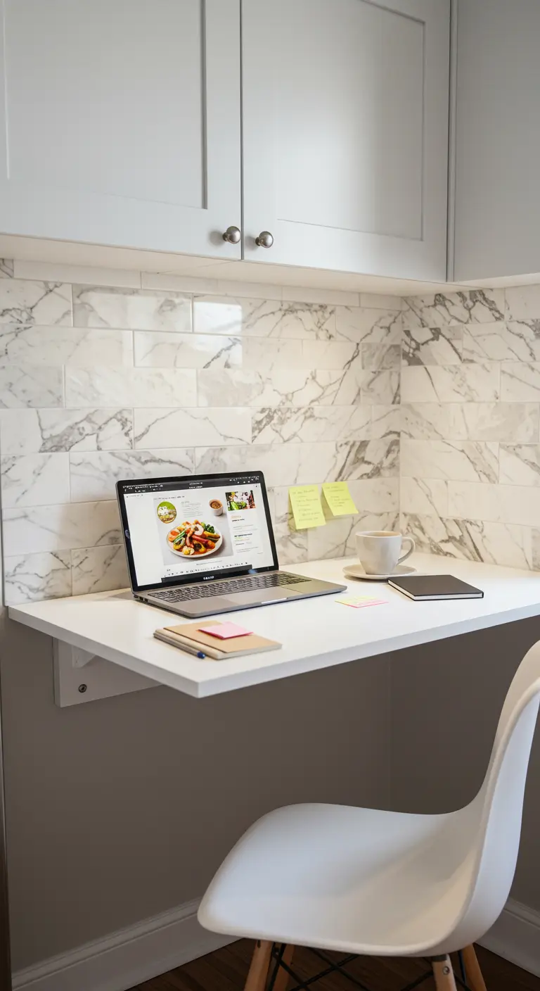 Escritorio flotante blanco en una esquina de cocina con pared de azulejos tipo mármol.