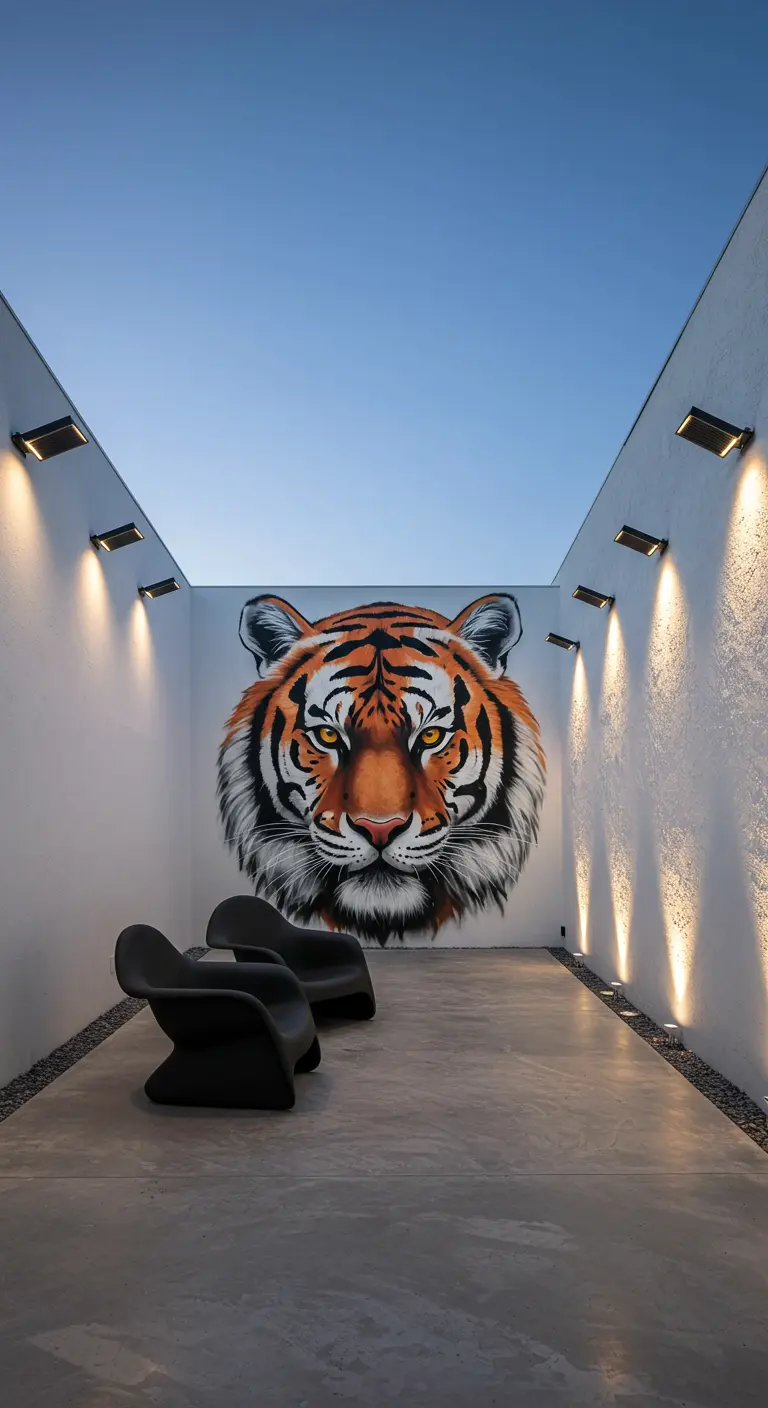Patio largo y estrecho con un impresionante mural hiperrealista de la cara de un tigre en la pared del fondo