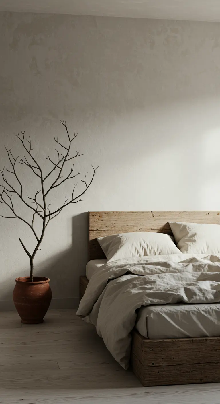 Dormitorio minimalista con una gran rama seca en una maceta como única decoración