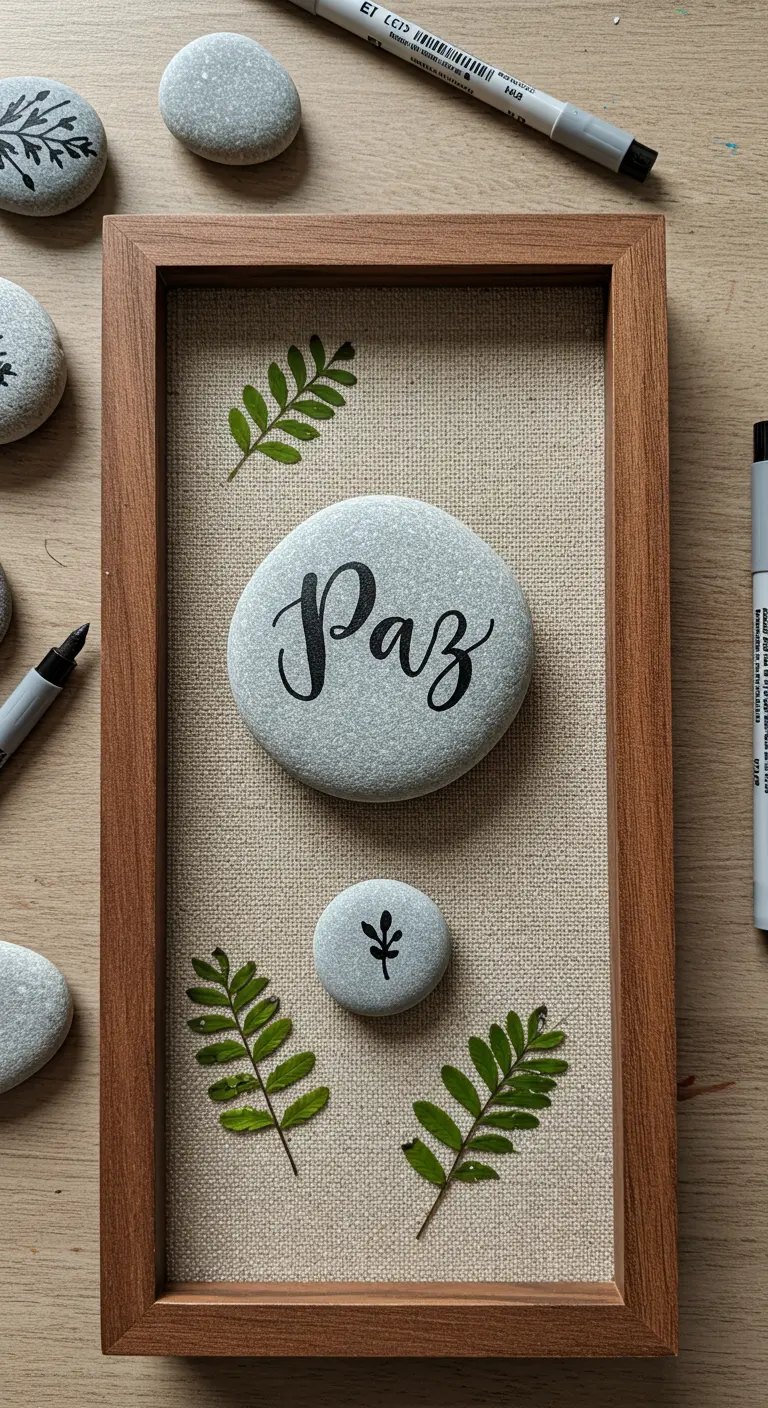 Cuadro de caja con una piedra pintada con la palabra