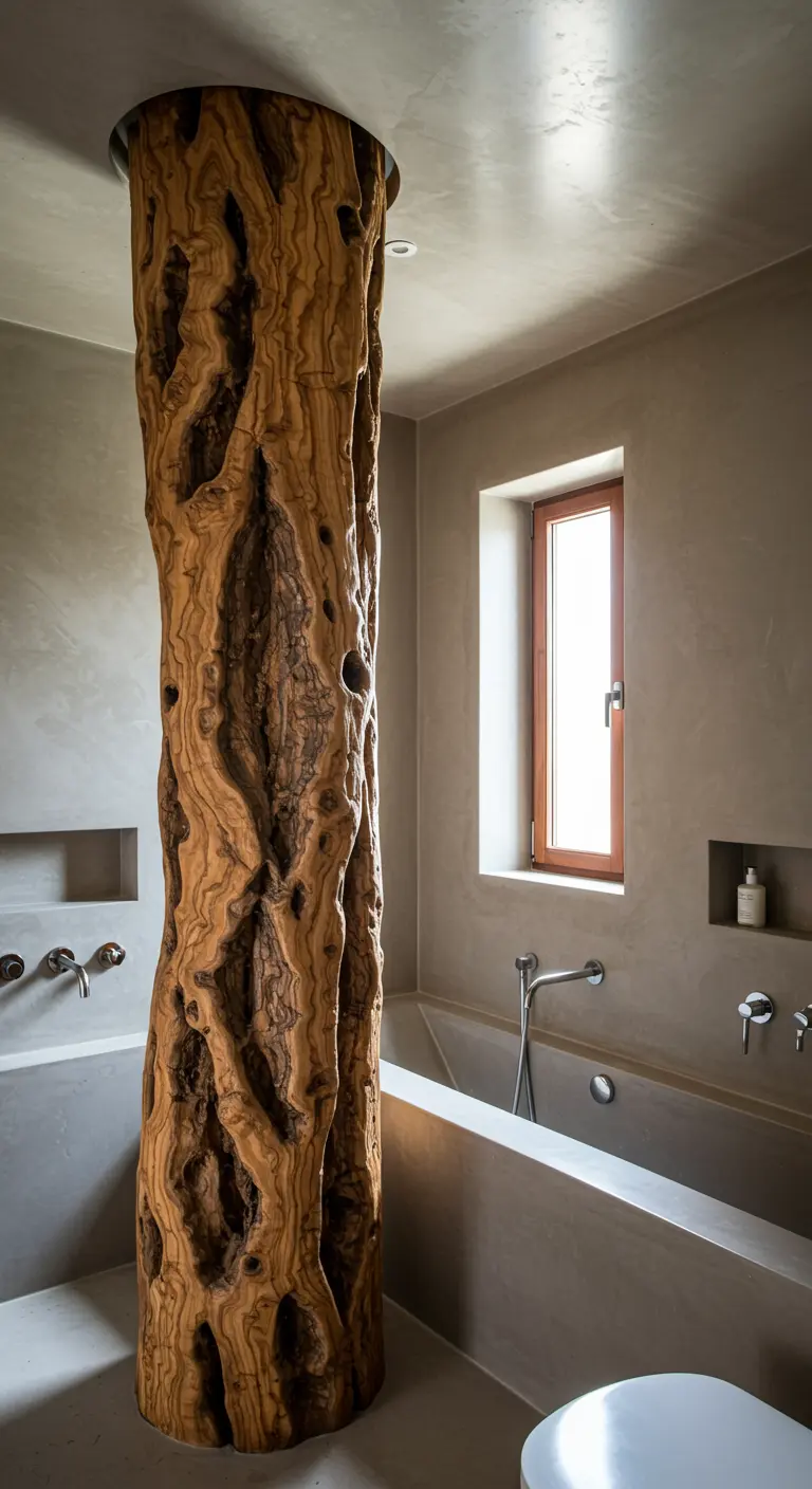Baño de microcemento con un enorme tronco de olivo integrado como una columna natural.