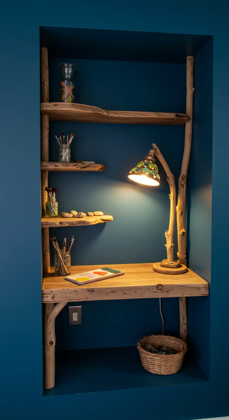 Escritorio y estanterías hechas con ramas y madera natural encajados en un nicho de pared azul oscuro.