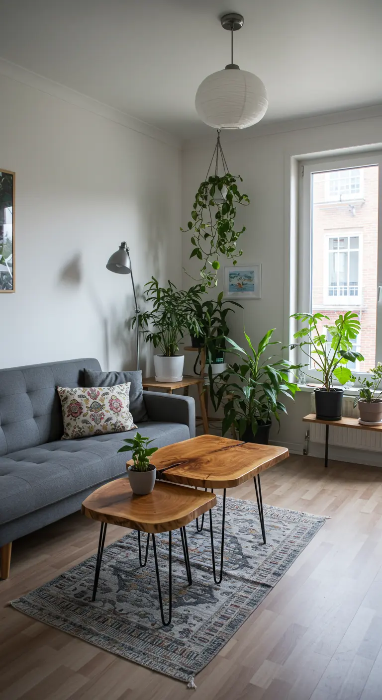 Mesas nido de madera con borde natural (live edge) y patas de horquilla metálicas