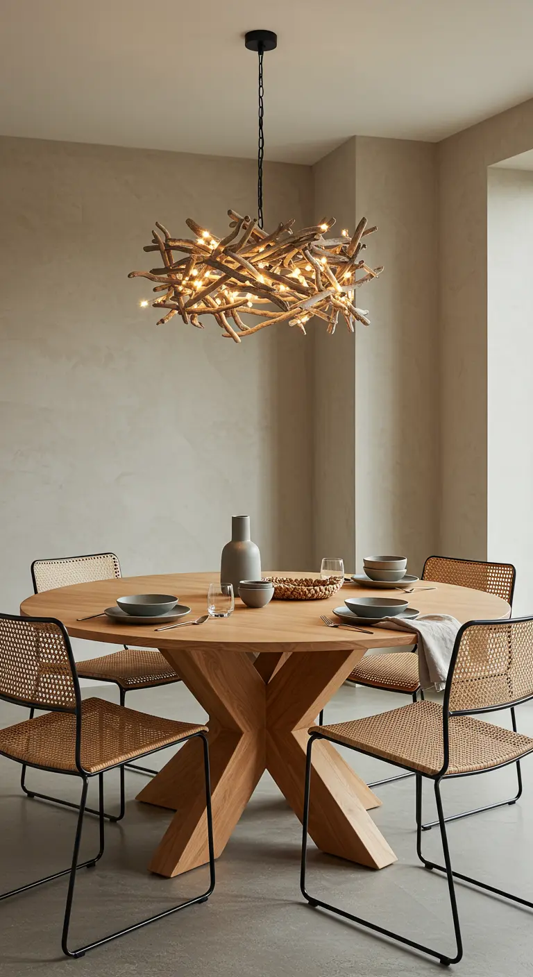 Comedor moderno con mesa de madera y una lámpara espectacular hecha de ramas.