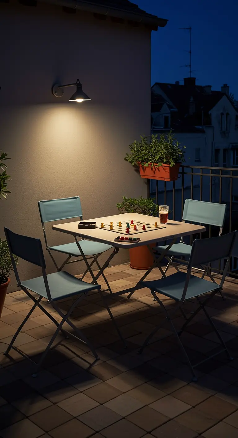 Cuatro personas jugando a un juego de mesa en una mesa plegable por la noche en una terraza.