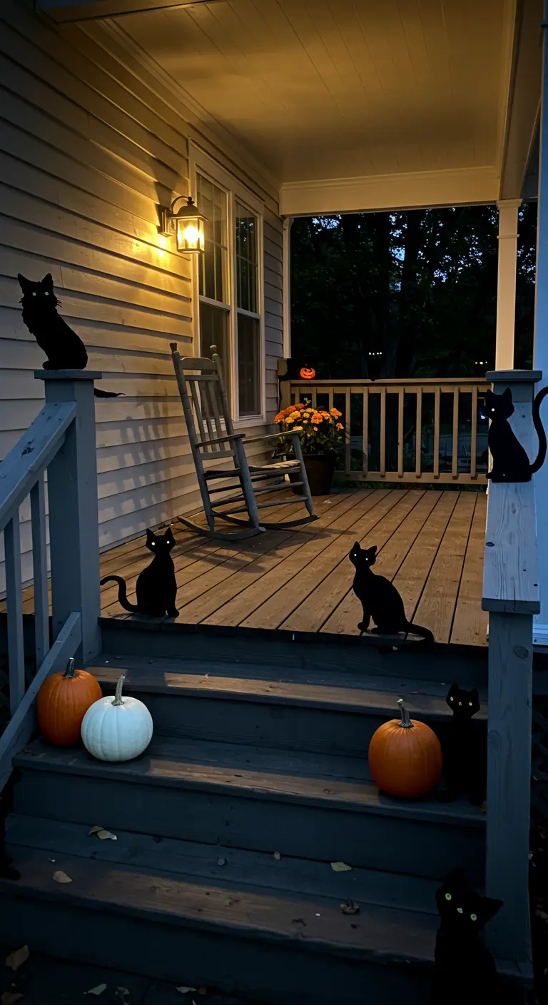 Porche de madera al anochecer decorado con múltiples siluetas de gatos negros con ojos brillantes.