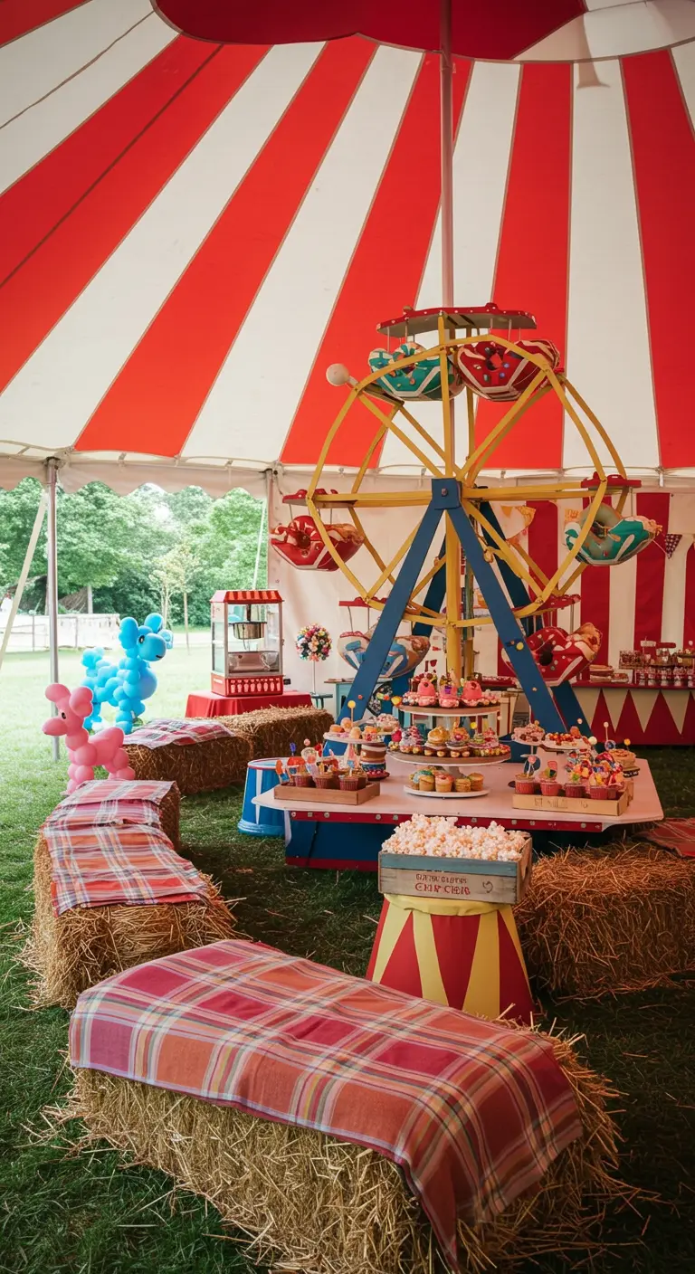 Noria en miniatura que sirve como soporte para donuts y cupcakes en una fiesta de cumpleaños con temática de carnaval.