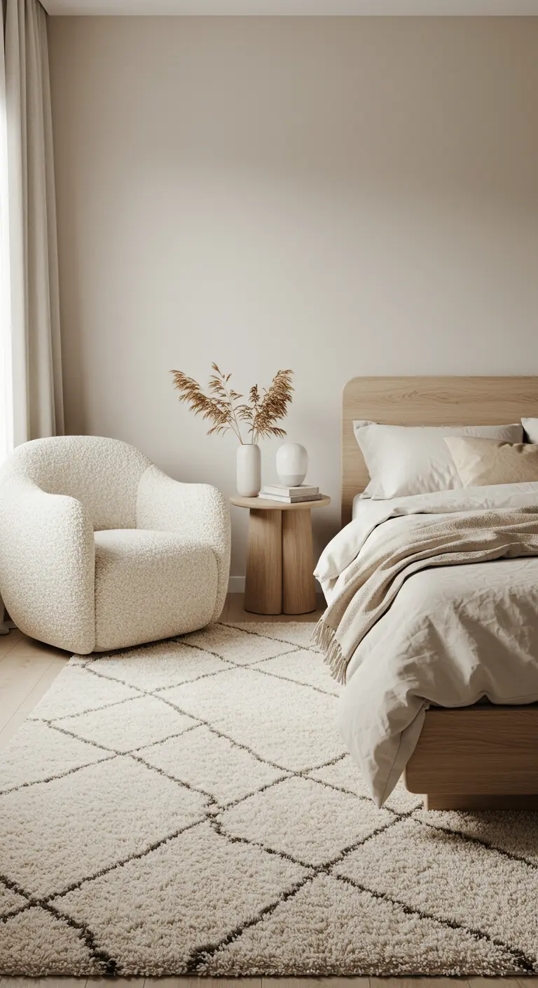 Dormitorio sereno y minimalista con una alfombra shaggy de estilo Beni Ouarain.