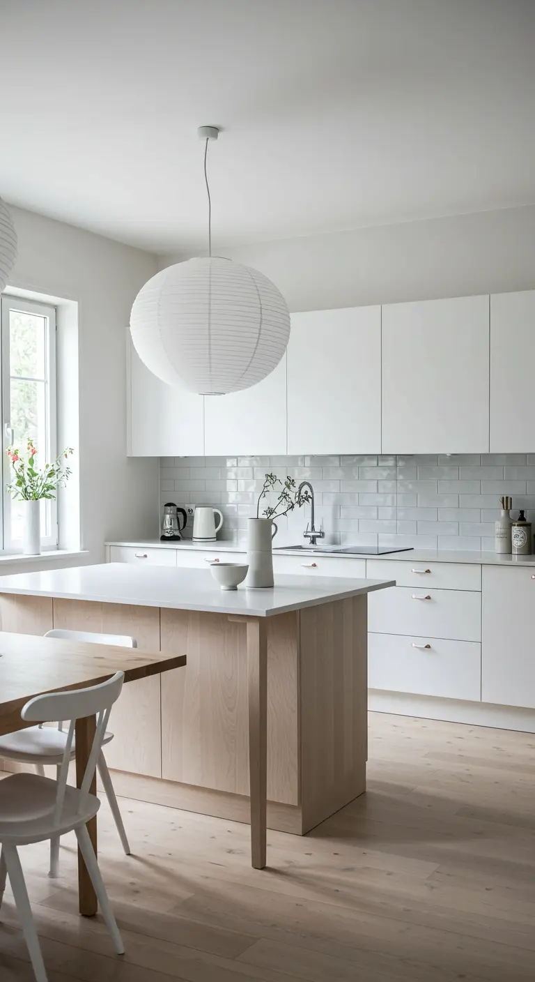 Cocina blanca minimalista con una gran lámpara colgante de papel de arroz sobre la isla de madera.