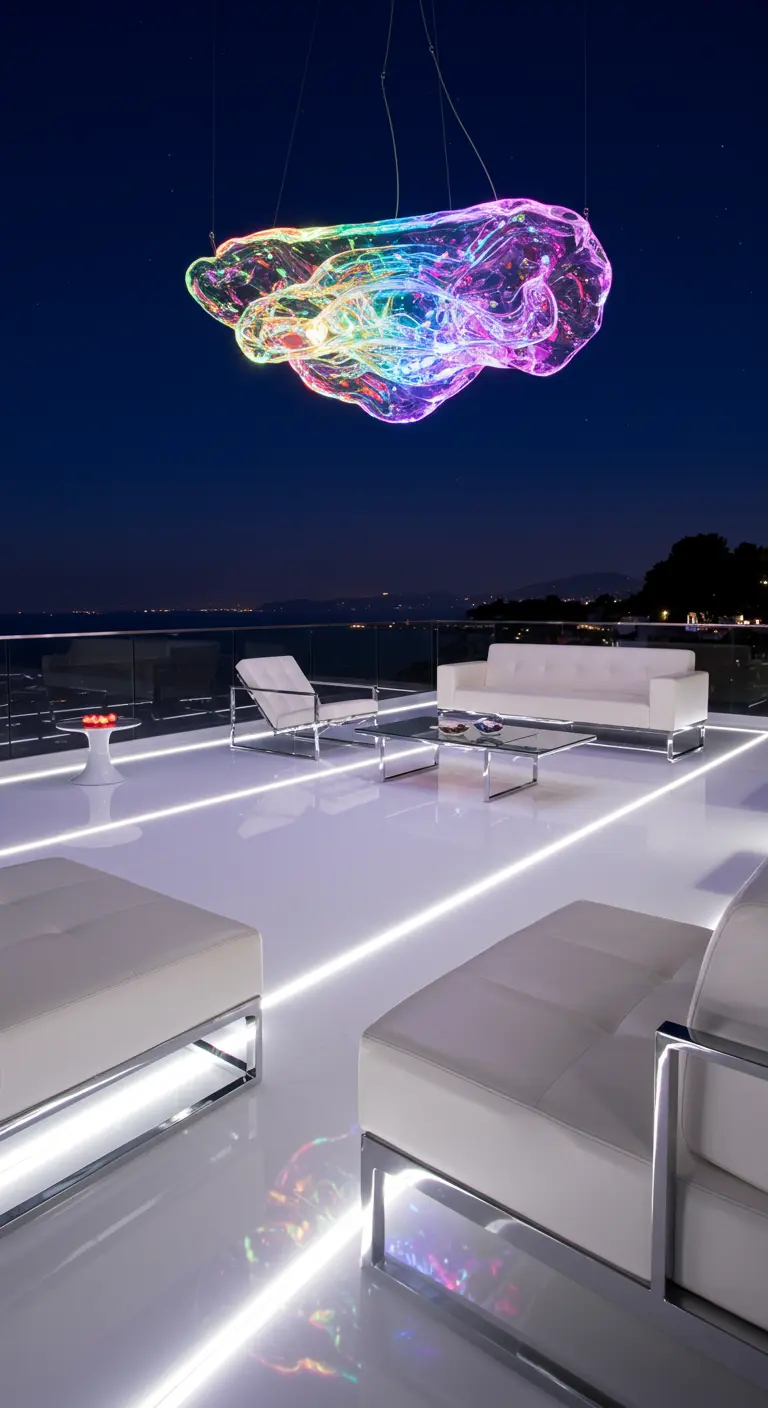 Terraza futurista con muebles blancos y una gran lámpara colgante de formas orgánicas e iridiscentes.