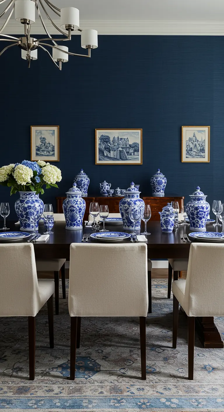 Comedor con paredes azul marino y una gran colección de jarrones y vajilla de porcelana azul y blanca.
