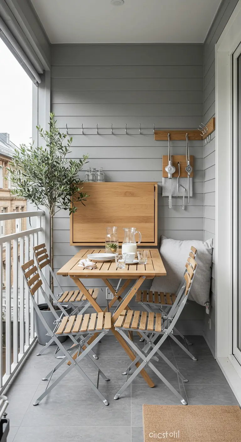 Mesa abatible de madera en una pared gris, con sillas plegables metálicas en un balcón moderno.