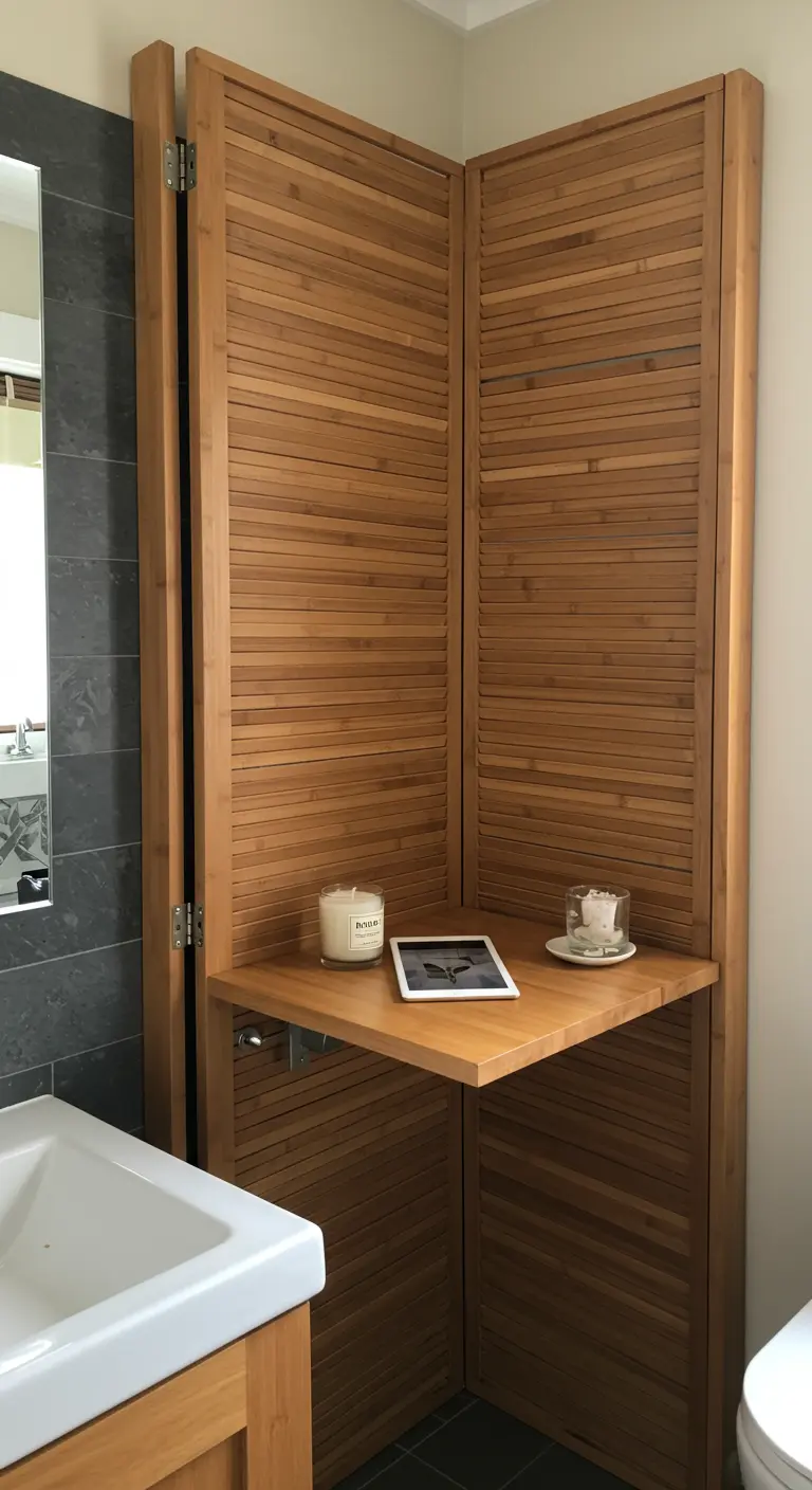 Pequeña oficina de esquina en un baño, hecha con un biombo de lamas de bambú.