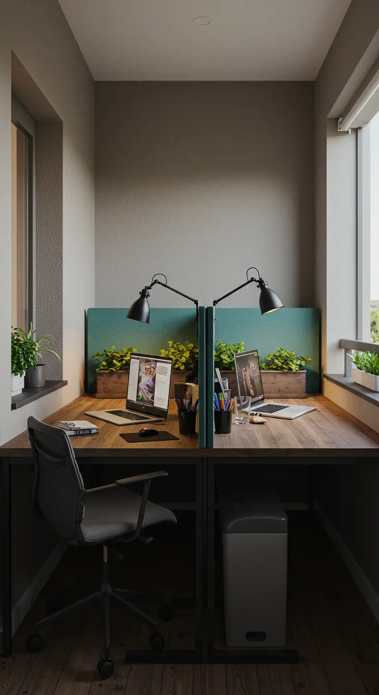 Balcón configurado como una oficina para dos personas, con una mesa larga y un divisor central