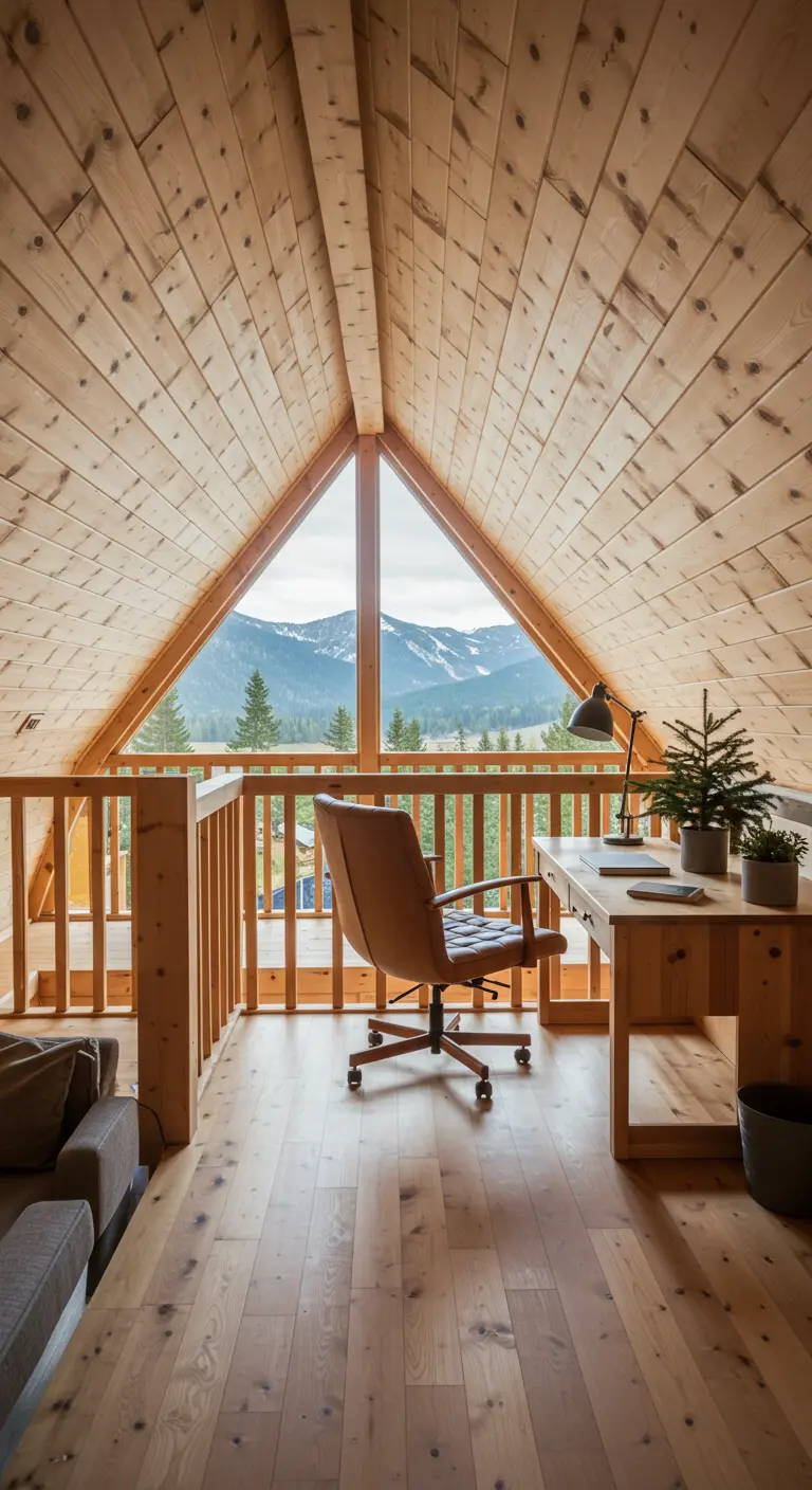 Oficina en un ático de madera con ventana triangular y vistas a un paisaje montañoso.