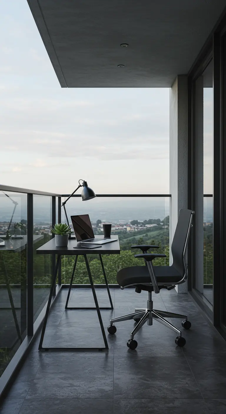 Escritorio y silla de oficina en un balcón con vistas panorámicas a un paisaje verde