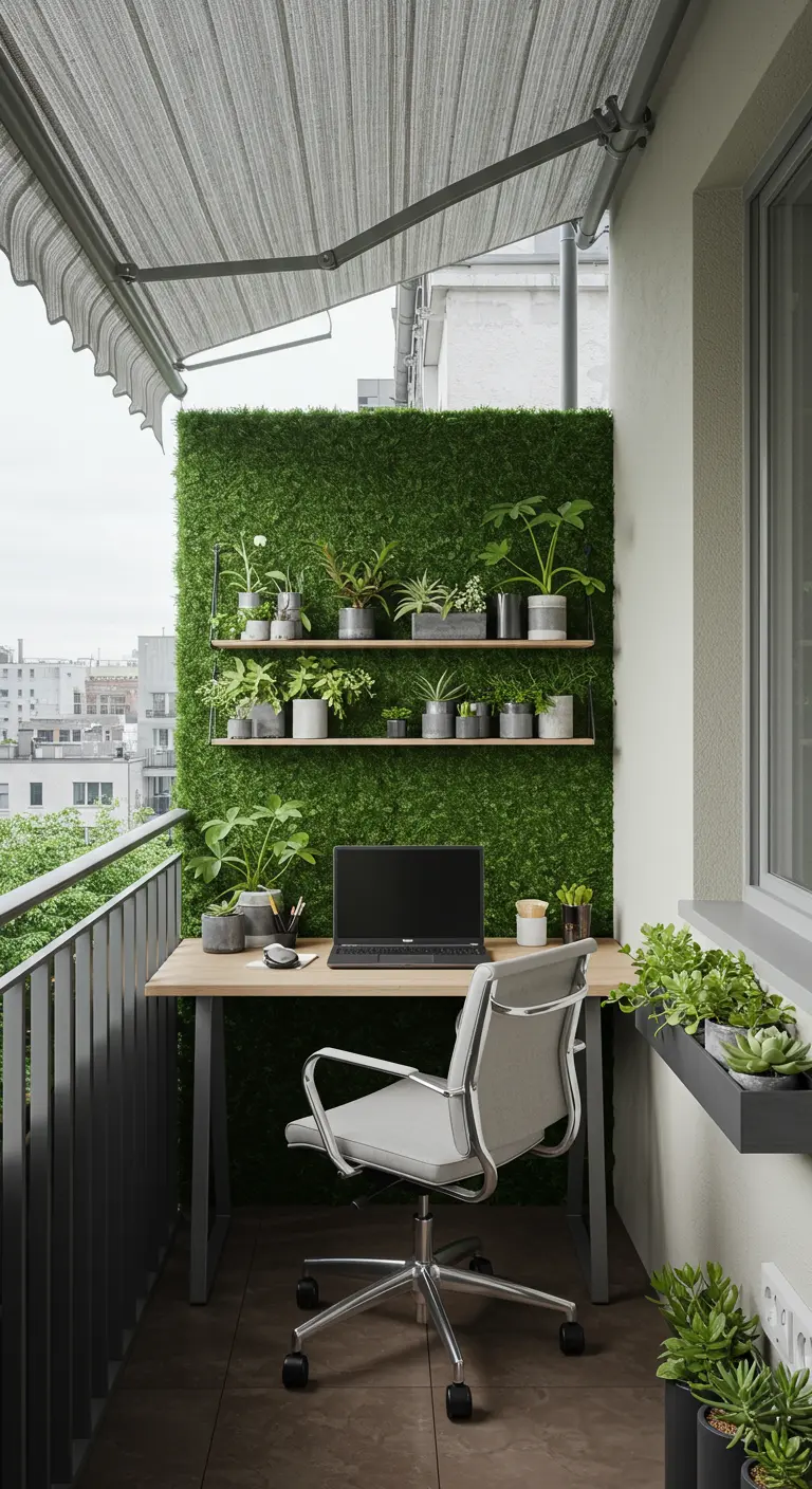 Balcón convertido en oficina con un escritorio, silla ergonómica y una pared verde con plantas.