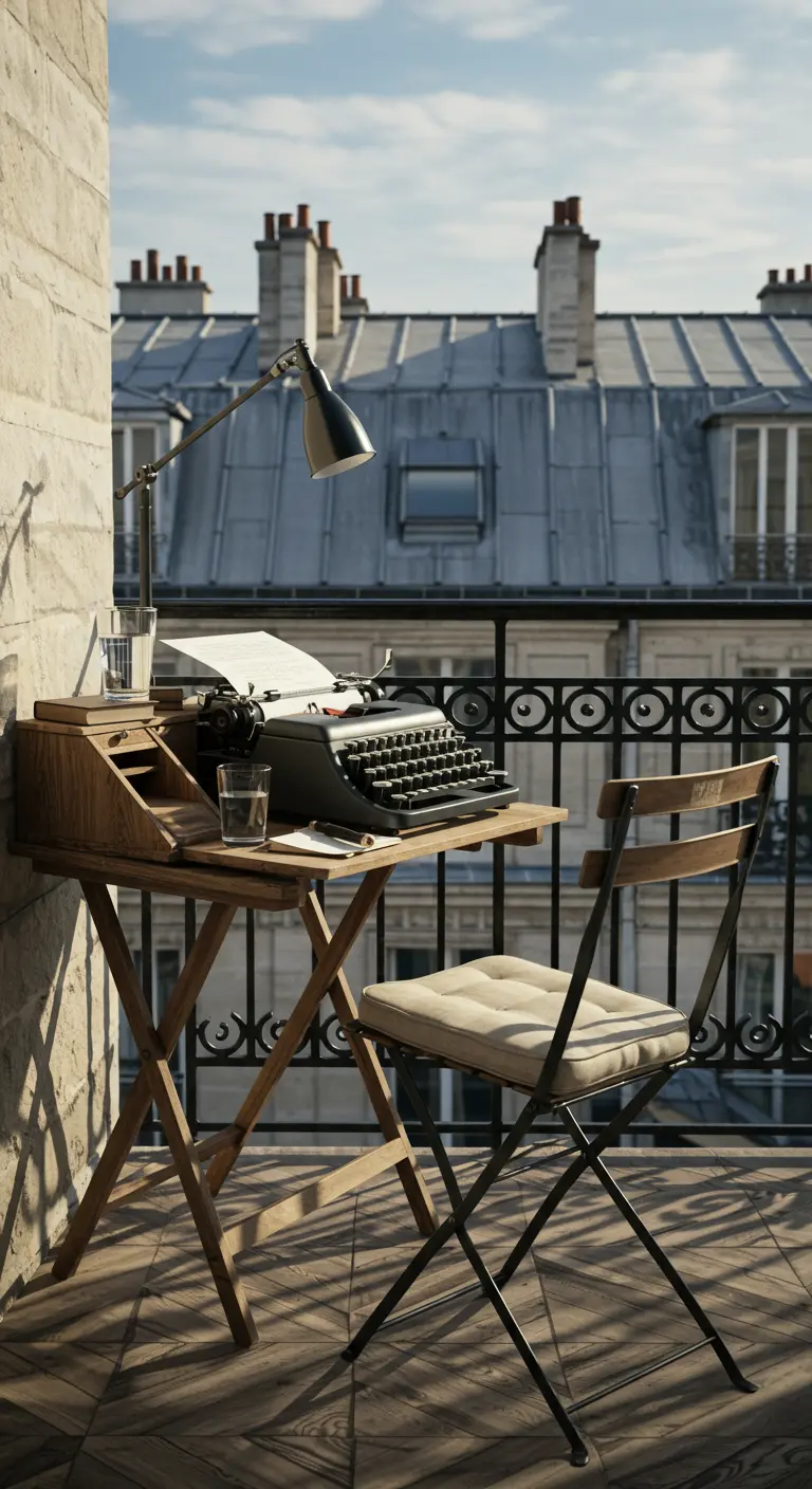 Un escritorio con una máquina de escribir vintage instalado en un balcón parisino