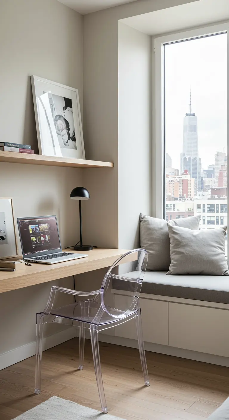 Escritorio flotante de madera y silla transparente junto a una ventana con vistas a la ciudad.
