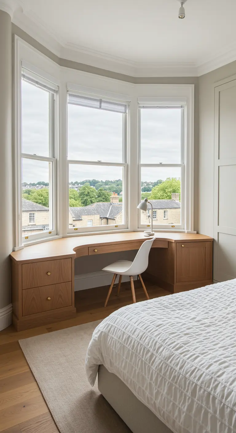 Escritorio de madera a medida instalado en un ventanal con vistas a la ciudad.