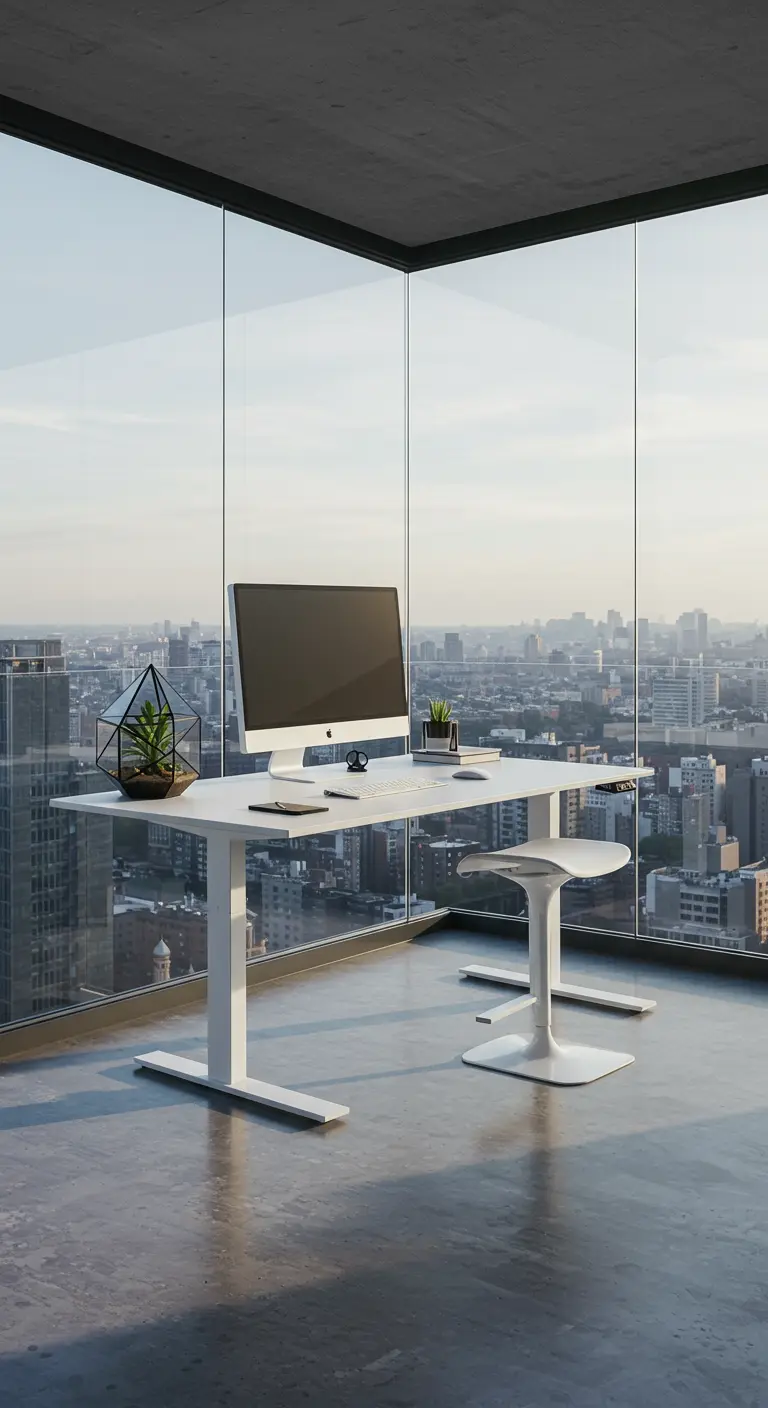 Oficina moderna en un balcón acristalado con escritorio blanco y vistas a la ciudad