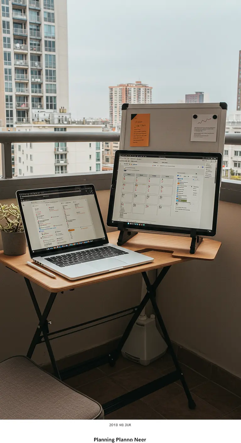 Escritorio plegable en un balcón con un portátil, una tablet y una pequeña pizarra blanca.