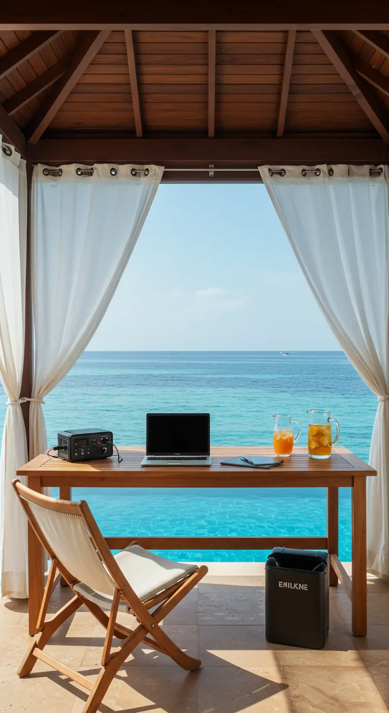 Oficina en una cabaña abierta con escritorio de madera y una vista directa al océano azul.
