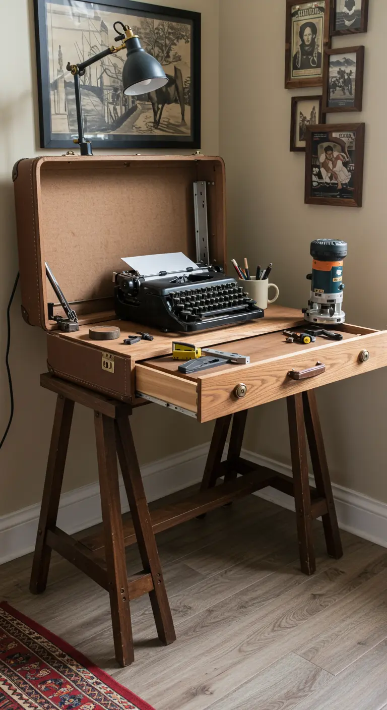 Maleta de cuero convertida en un escritorio portátil con una máquina de escribir vintage dentro.