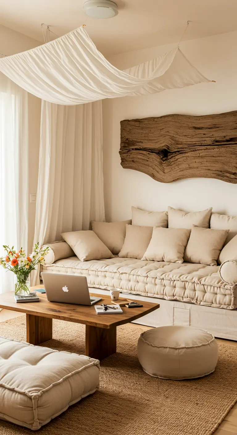 Sala de estar convertida en oficina informal con un sofá bajo, cojines y una tela colgada del techo.