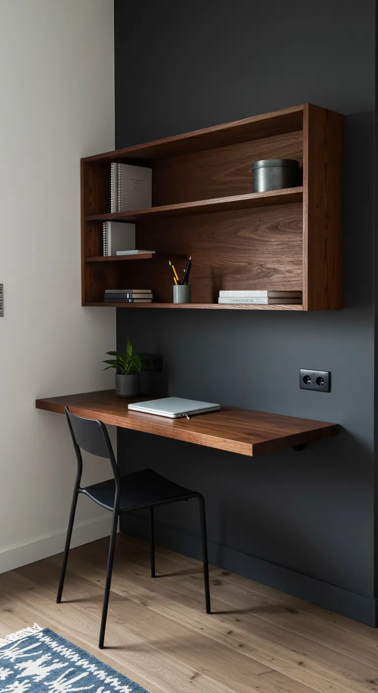 Escritorio y estantería flotantes de madera oscura creando una zona de trabajo compacta