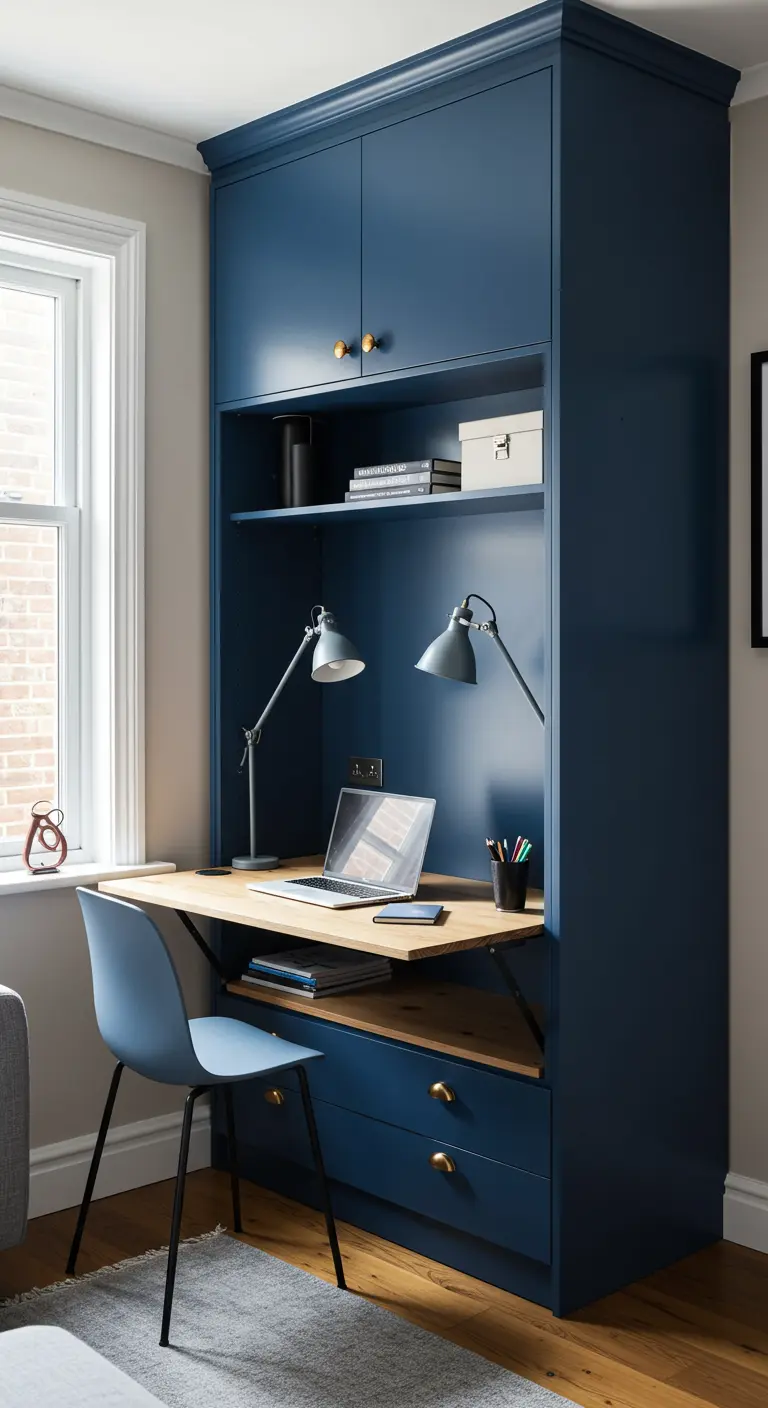 Mueble azul alto con escritorio plegable y cama abatible integrada para oficina en casa.