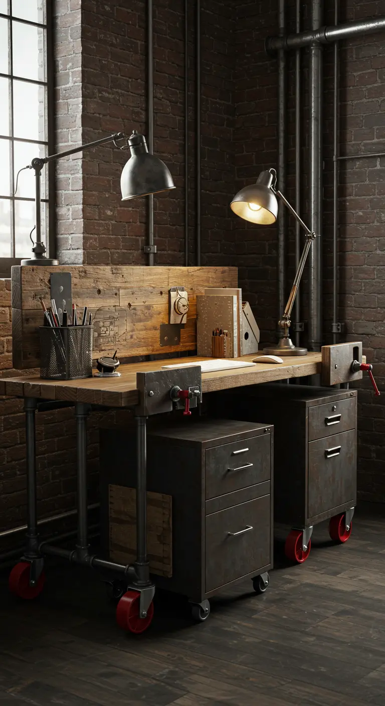 Escritorio de estilo industrial con archivadores metálicos y ruedas rojas en un entorno de ladrillo visto.