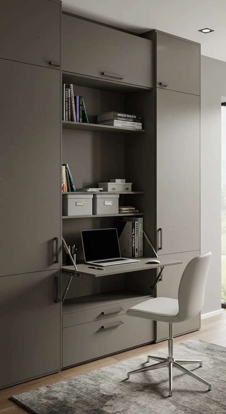 Armario gris de pared a pared con un escritorio abatible integrado y una silla de oficina blanca.