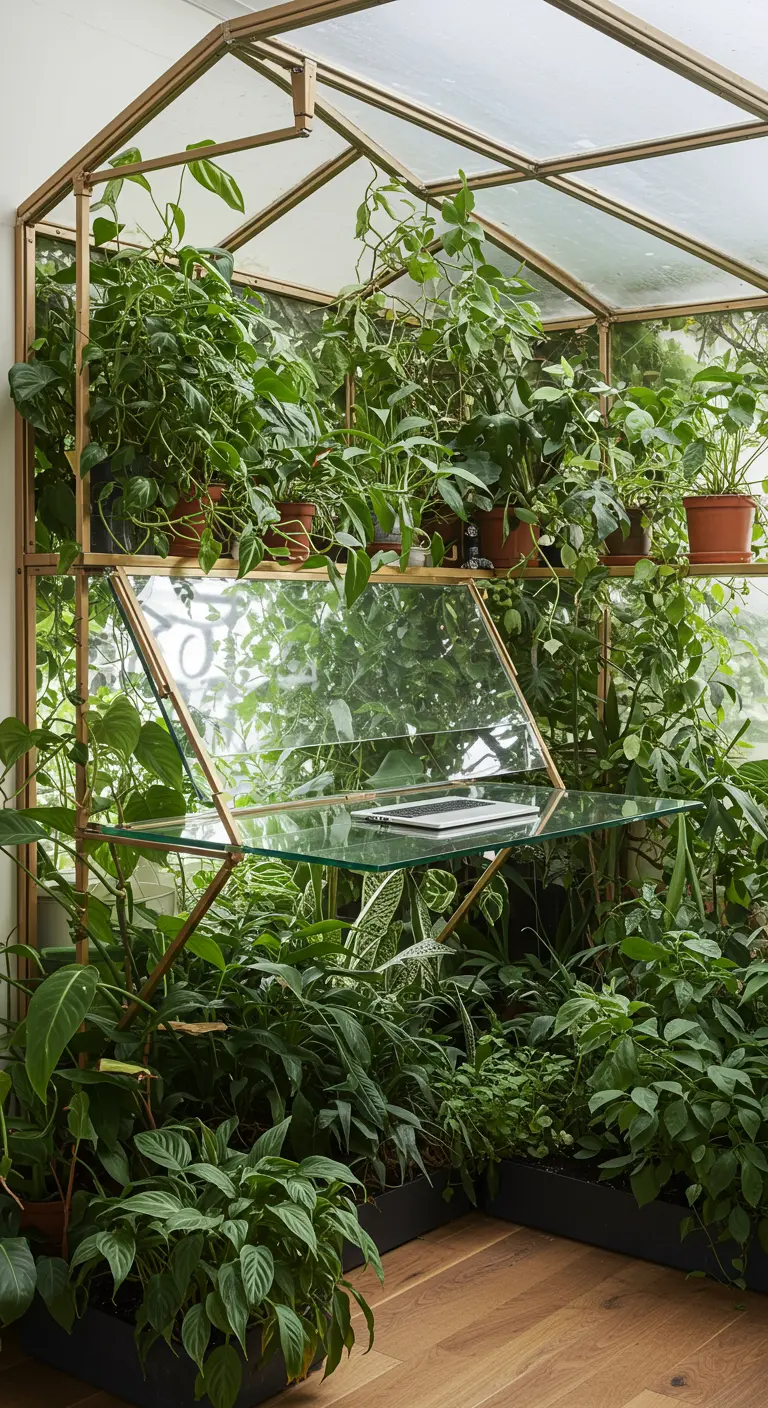 Escritorio plegable de cristal y metal dorado dentro de una estructura de invernadero llena de plantas.
