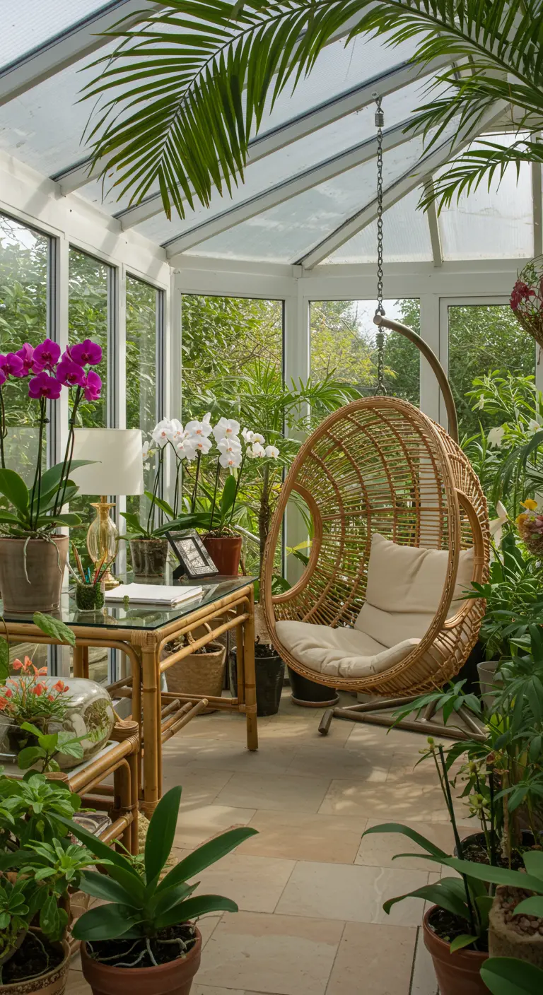 Oficina en un invernadero lleno de orquídeas y plantas, con escritorio de bambú y silla colgante.