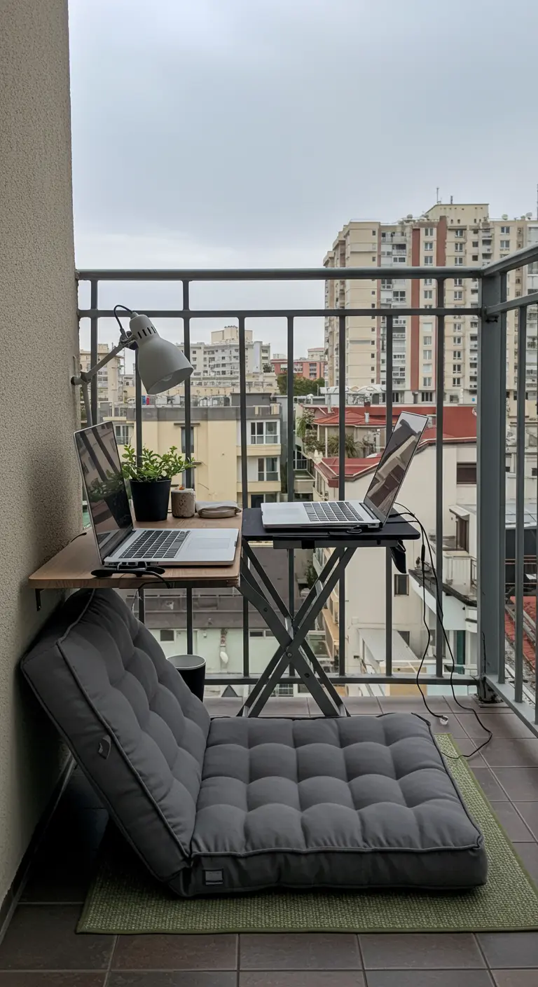 Balcón con un setup flexible: mesa para portátil ajustable y un colchón de suelo para sentarse