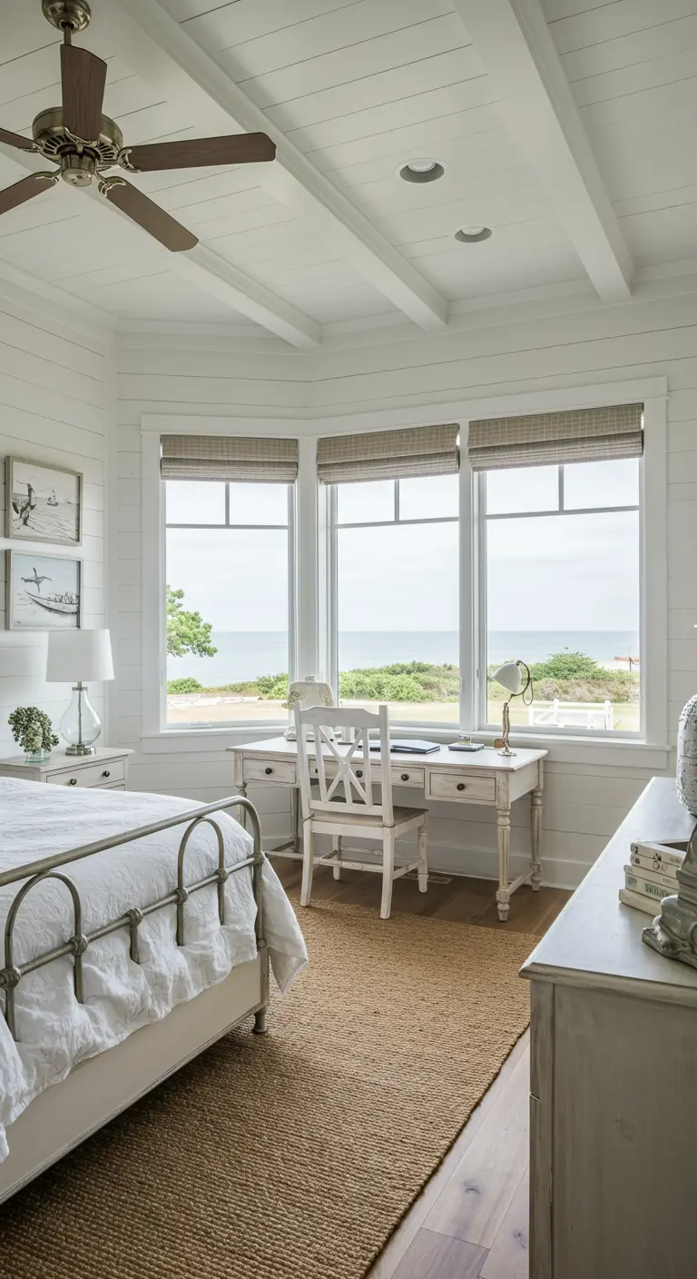 Escritorio de madera blanca frente a una ventana con vistas al mar en un dormitorio de estilo costero.